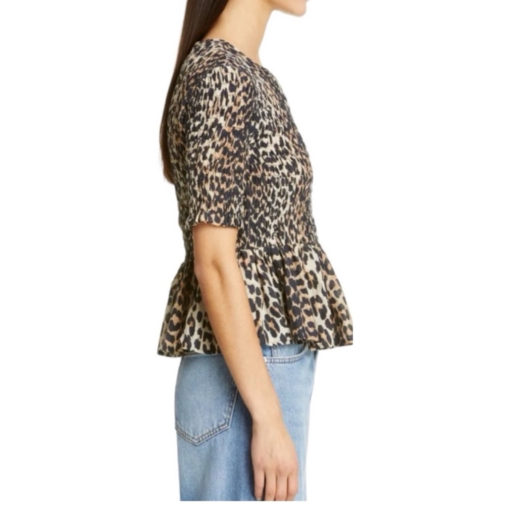 Ganni Smocked Animal Print Leopard Peplum Top 34/ XS or 2 - Picture 9 of 15